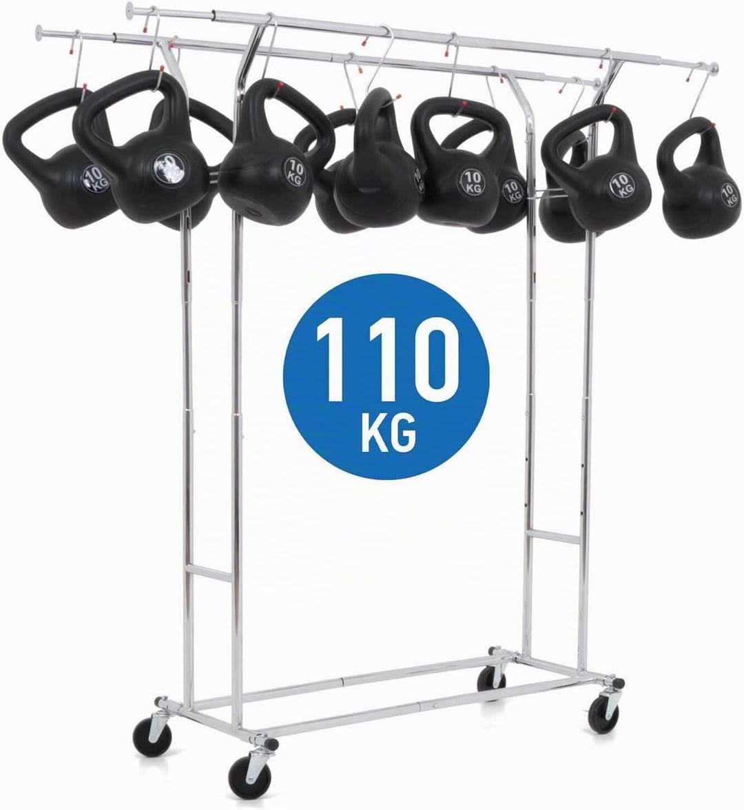 Tatkraft Denver - Schwerlast Kleiderständer, Doppelt-Kleiderstange auf Rollen, bis 110 kg belastbar,