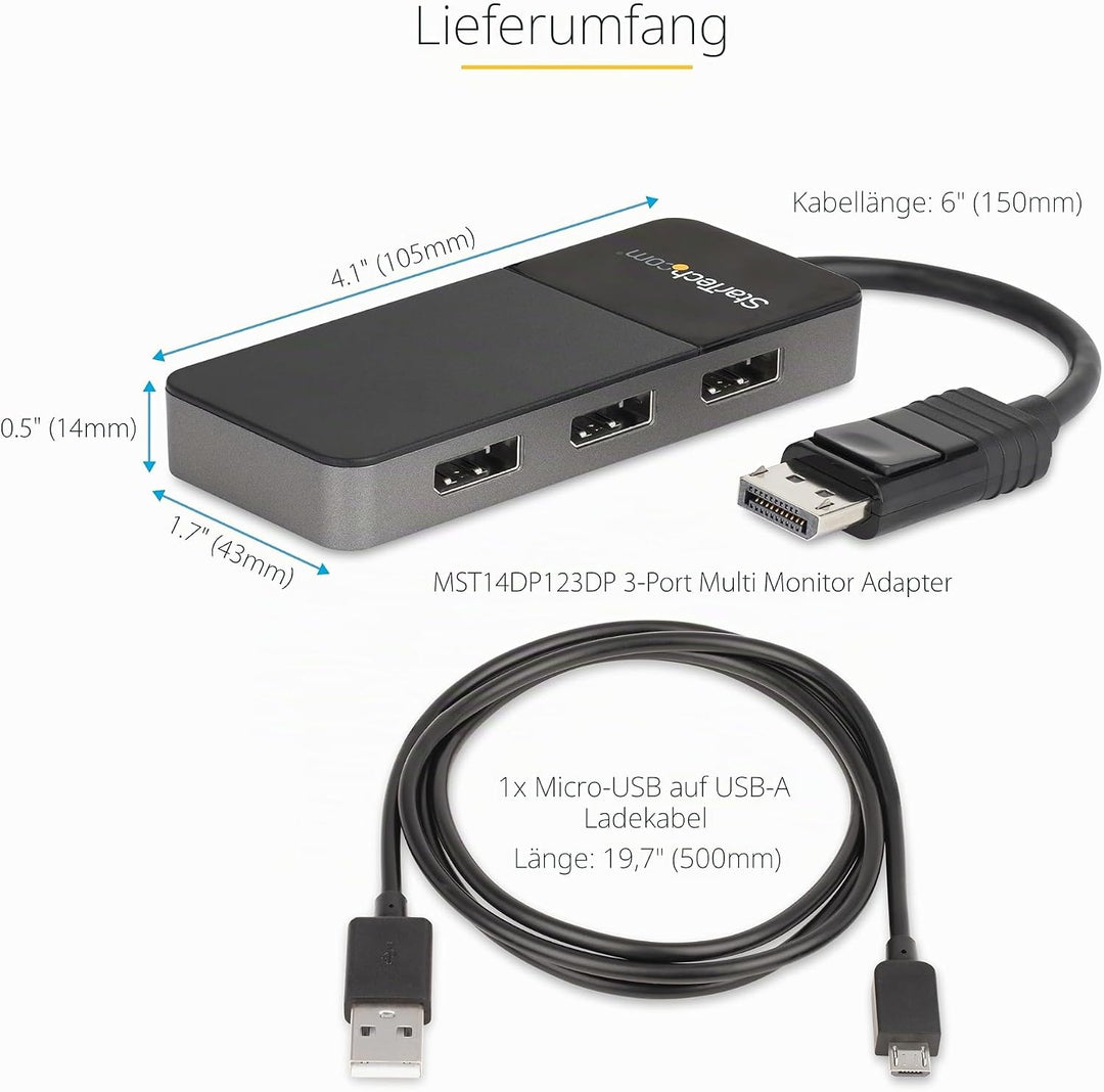 StarTech.com 3-Port Multi-Monitor DisplayPort Adapter, DP auf 3x DisplayPort 1.4 Splitter, Dreifach