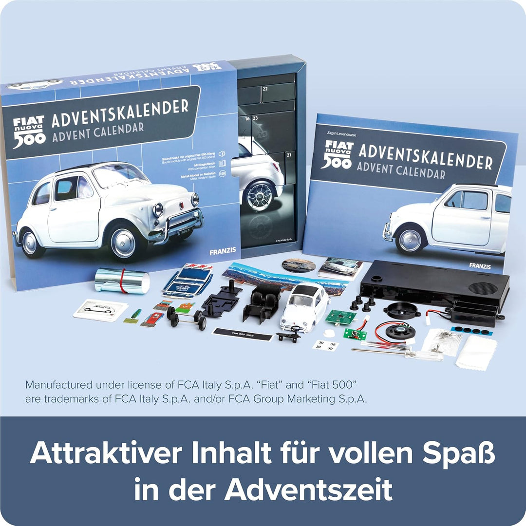 FRANZIS 67168 - Fiat 500 Adventskalender, Metall Modellbausatz im Massstab 1:38, inkl. Soundmodul un