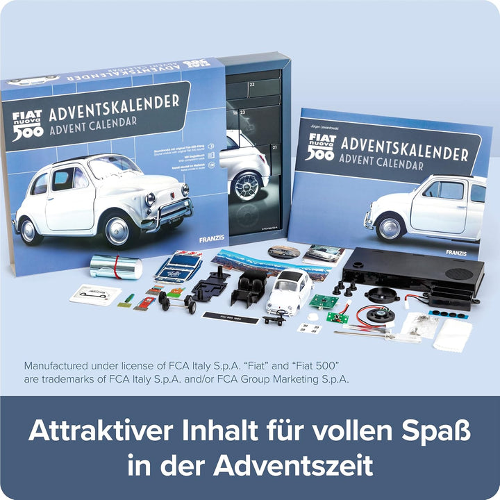 FRANZIS 67168 - Fiat 500 Adventskalender, Metall Modellbausatz im Massstab 1:38, inkl. Soundmodul un