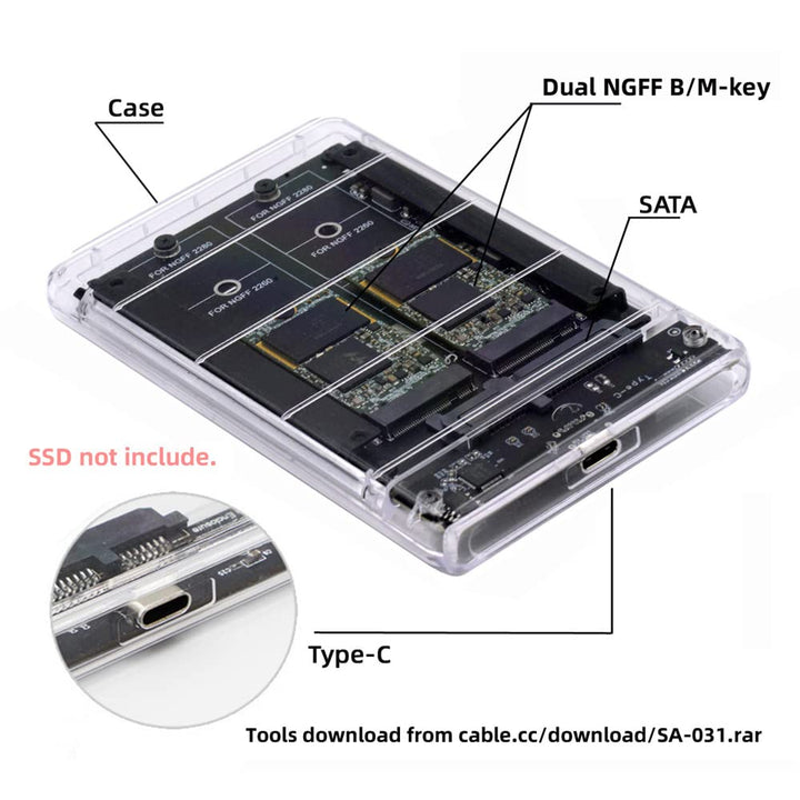 cablecc Dual NGFF B+M-Key M.2 SSD Karte JBOD Raid0 Span Bridge auf USB3.0 Typ-C USB-C 2.5inch SATA C