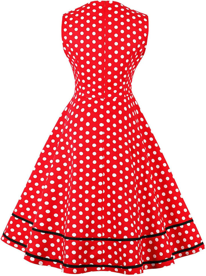 AXOE Damen 60er Jahre Polka Dot Vintage Rockabilly Kleid Abendkleider Rot L, Rot L