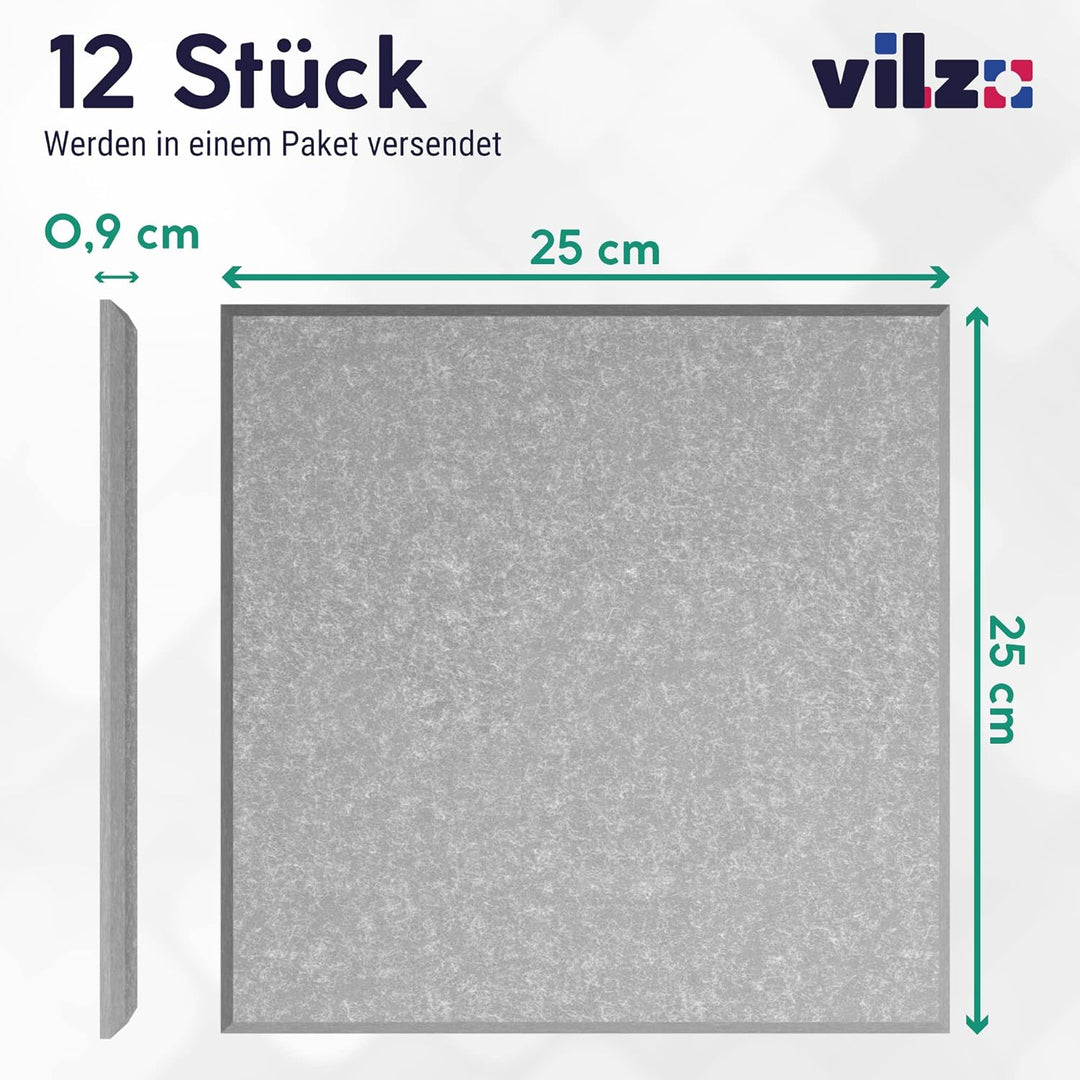 vilz 12 Stück Schallabsorber Panel Akustik aus recyceltem Filz - Akustikplatten Schalldämmung 250x25