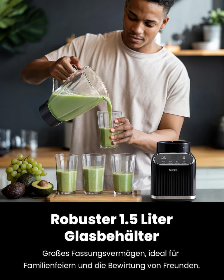 GDOR Professional Standmixer Glas 1200W Smoothie Maker 5 Programme Blender 1,5L Glasbehälter&700ml T