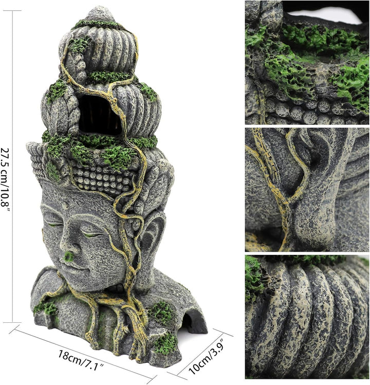 MUYIRTED Buddha Aquarium Dekoration Höhle Grosse Aquarium Ornamente, Grüne Moos Pflanze Bedeckt Stei