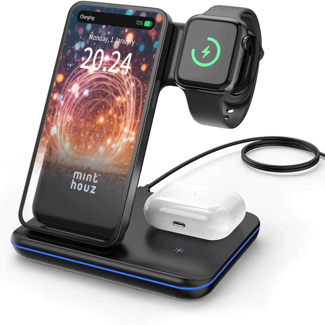 Minthouz Wireless Charger, 3 in 1 Induktive Ladestation mit 18W Adapter für mehrere Geräte Apple, iW