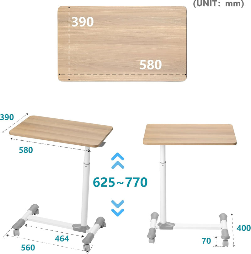 ETHU Betttisch auf Rollen Höhenverstellbar 62-77 cm, Computertisch Höhenverstellbar mit Rollen, Work