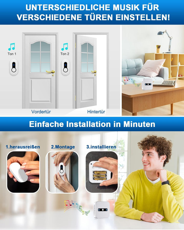 SANJIE Funkklingel Batteriebetrieben, Türklingel Funk mit 180 m Reichweite, IP55 Wasserdicht, 55 Mel