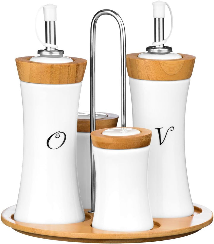 4pc Gewürzset, Öl, Easig, Salz, Pfeffer, Bambus, Keramik