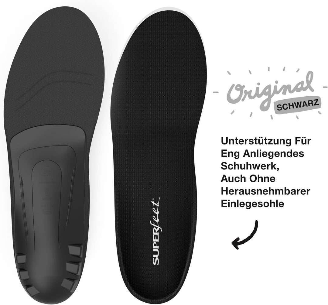 Superfeet BLACK Schuheinlagen Flexible dünne Premium Einlegesohlen für Orthopädischen Halt in engen