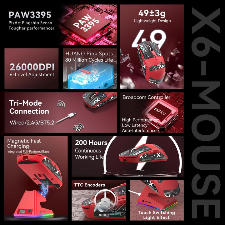 ATTACK SHARK X6 49g Superlight Mouse with Magnetic Charging Dock, PixArt PAW3395 Gaming Sensor, BT/2