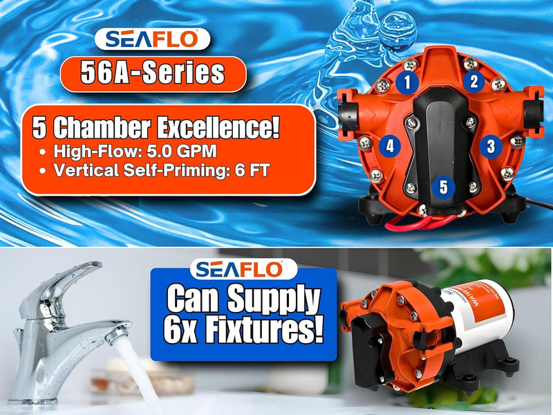 SEAFLO 12 V 56 A Serie Variable Speed Smart On Demand Marine/RV 5-Kammer-Membranpumpe