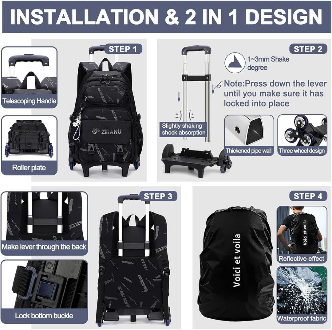 Voici et Voila Rucksack mit Rollen Jungen Schulrucksack Trolley Kinder Schultasche mit Rollen Schulr