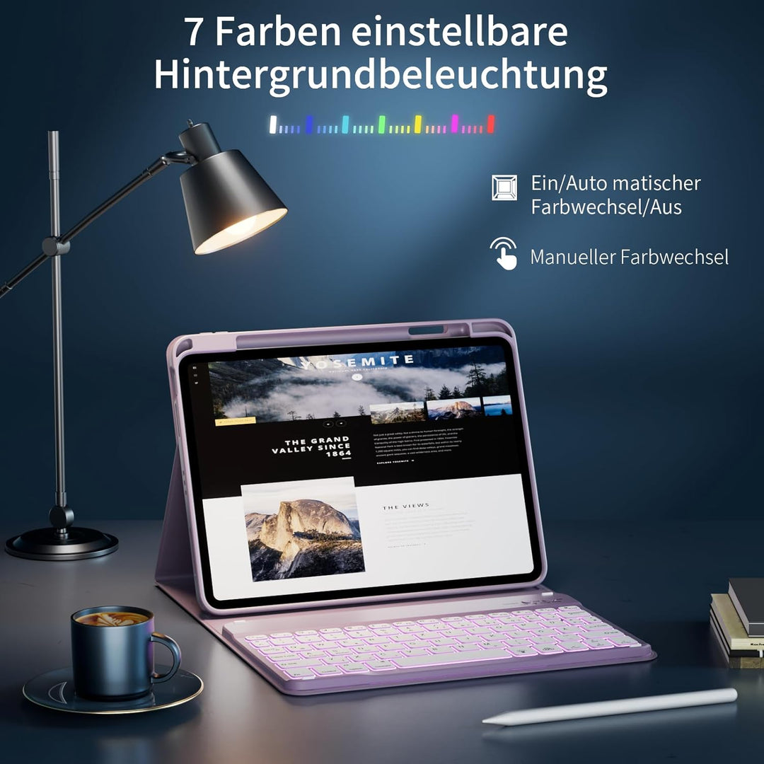 Hülle mit Tastatur für iPad A16 11 Generation 2025/10 Generation 2022 (11/10.9 Zoll) 7 Farben Beleuc