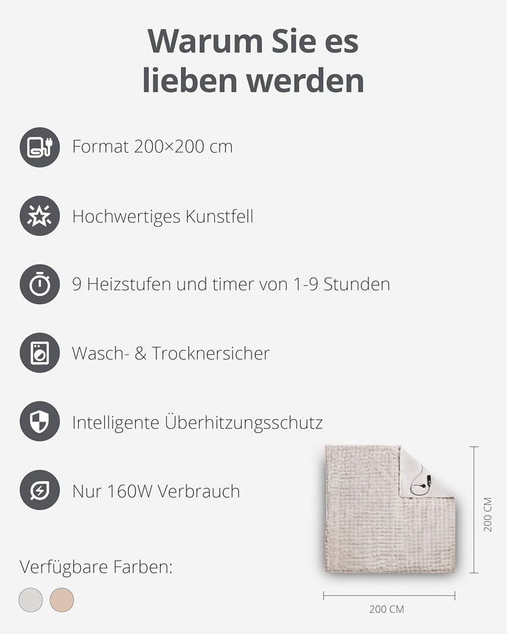 Duux Yentl Bubble Elektrische Wärmedecke – 200x200 cm – Extra Weich – 9 Heizstufen & Timer – Waschba