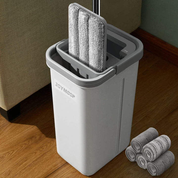 JOYMOOP Mop und Eimer mit Wringer Set, Hands Free Flat Floor Mop und Eimer, mit 5 waschbaren Mikrofa