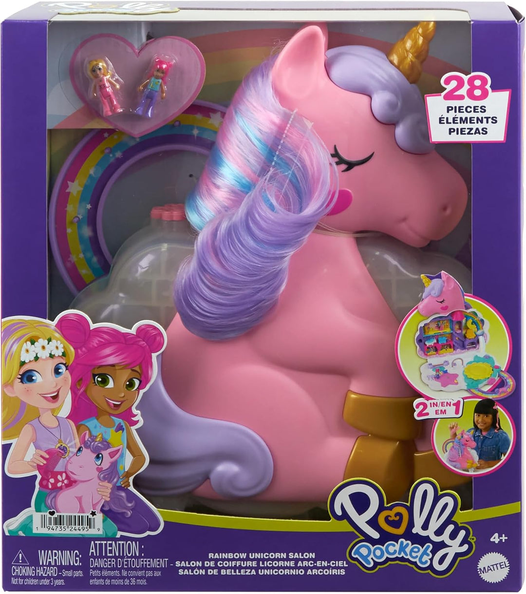 Polly Pocket Mini-Spielzeug, Regenbogen-Einhorn-Salon-Styling-Kopf und Spielset mit 2 kleinen Puppen