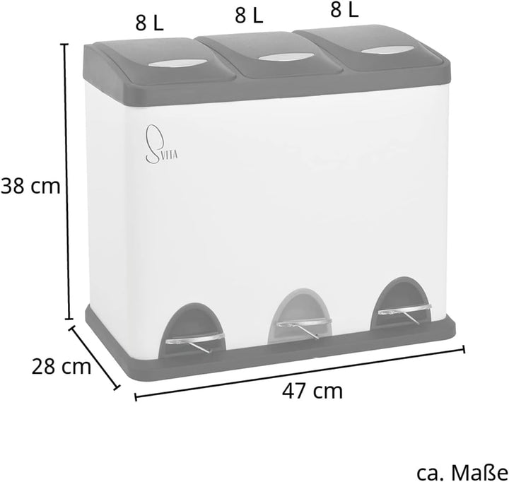 SVITA TC3X8 Mülleimer 3 Fächer, 24 Liter Treteimer mit Tretmechanismus, Pulverbeschichteter Stahl, P