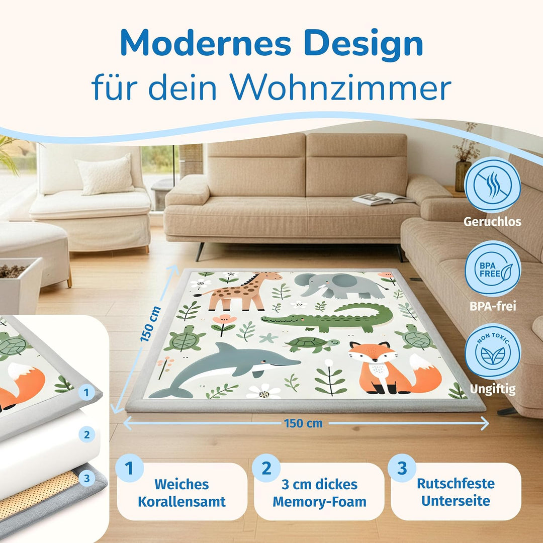 BabybeFun Krabbelmatte Baby - kuschelig weich - 3cm Dicke Spielmatte - schützt vor Stössen - Teppich