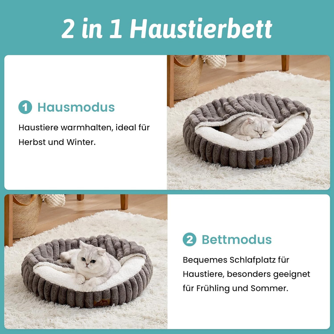 COZY KISS Katzenbett mit Decke 58x58x15cm - Flauschige Katzenhöhle - Kissen, Runde kleine Hundebett