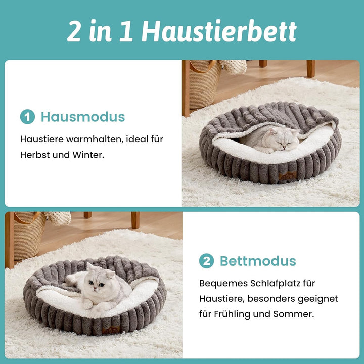 COZY KISS Katzenbett mit Decke 58x58x15cm - Flauschige Katzenhöhle - Kissen, Runde kleine Hundebett