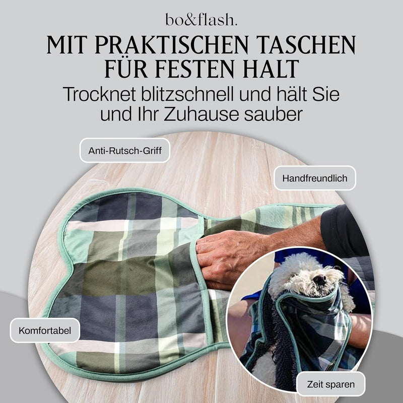 bo&flash Design Hundehandtuch für grosse und kleine Hunde – Trendiges Handtuch mit 2 praktischen Tas
