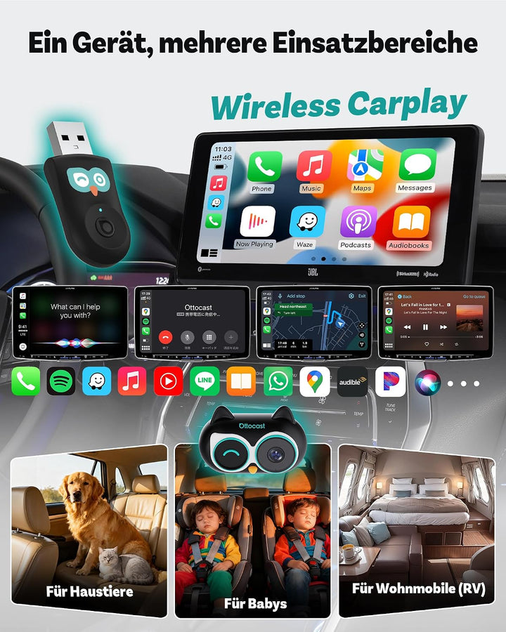 OTTOCAST 2-in-1 Baby Auto Kamera &amp; Wireless CarPlay Adapter, 1080P HD, Echtzeit-Anzeige auf Original