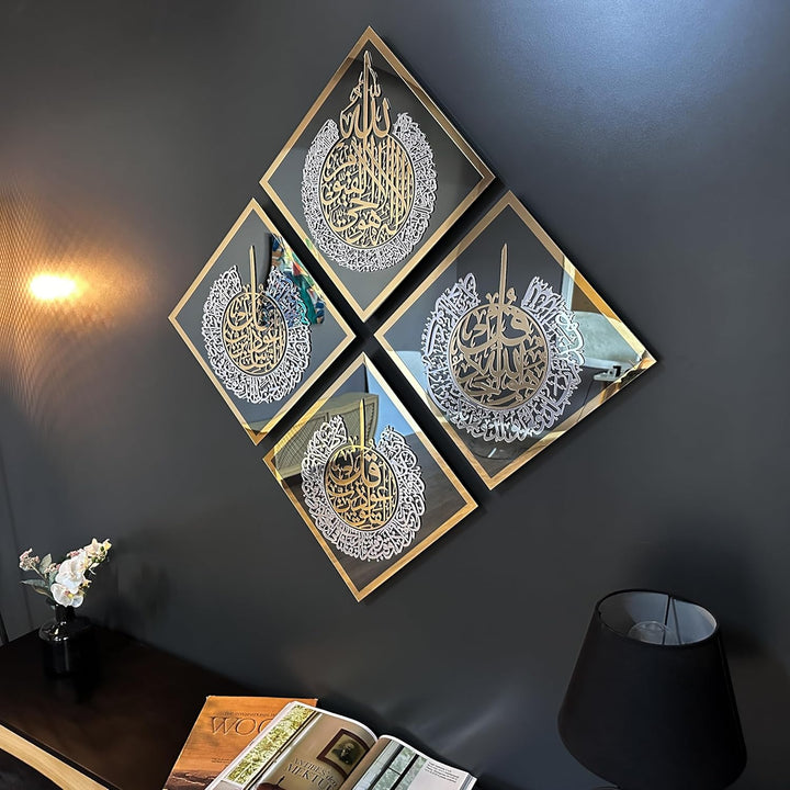 IWA CONCEPT Gehärtetes Glas Set von Ayatul Kursi, Surah Ikhlas, Al Falaq und Nas islamische Wandkuns