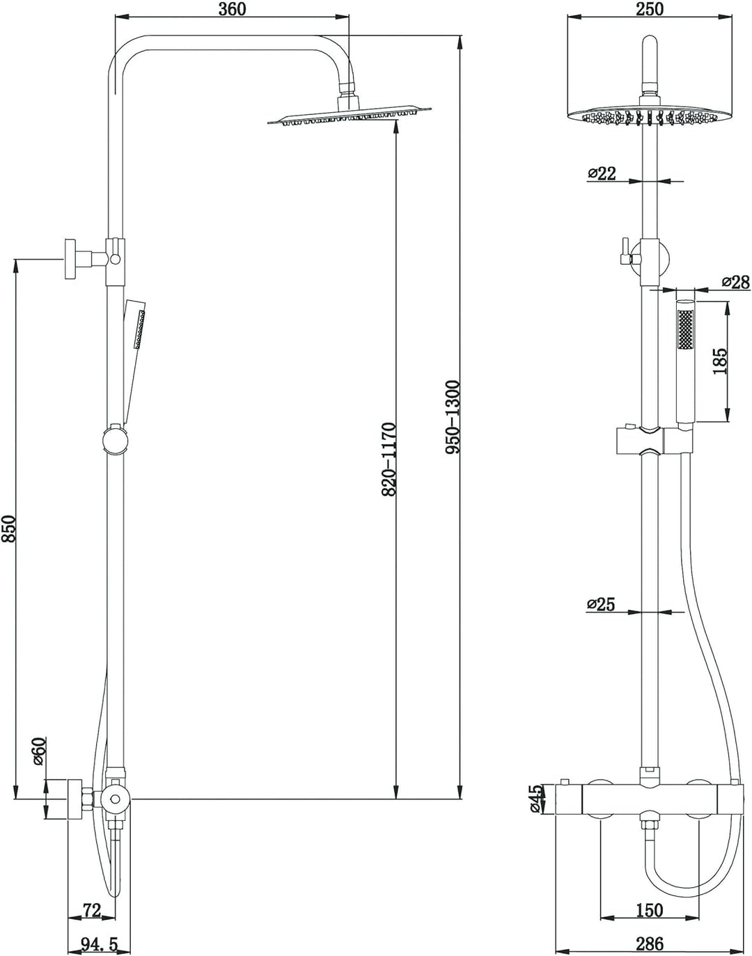 AIYA Bath Design Duschsystem aus Edelstahl | Graphit | Mit Regenduschkopf und Handbrause | Hochwerti