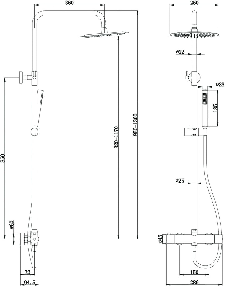 AIYA Bath Design Duschsystem aus Edelstahl | Graphit | Mit Regenduschkopf und Handbrause | Hochwerti