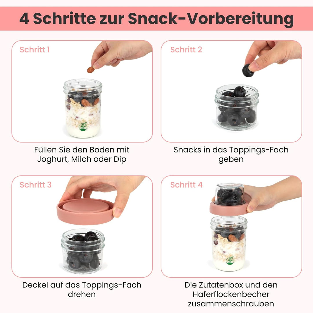 2er Müslibecher to go, 500 ml+120ml Overnight Oats Gläser, Doppelwandiger Glasbehälter mit Deckel, J