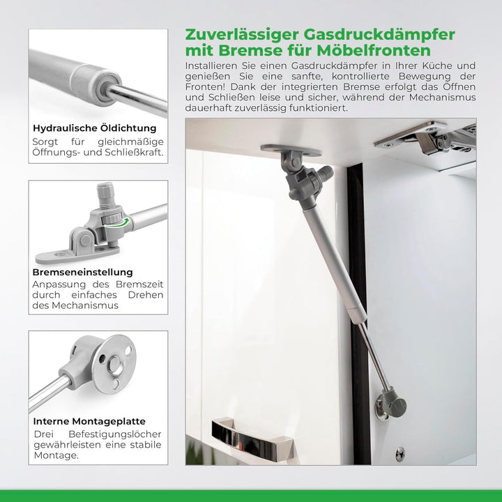 ATM Gasdruckfeder 100N mit Soft-Close Bremse für Möbelklappen – Gasdruckdämpfer 4er Set, Klappenbesc