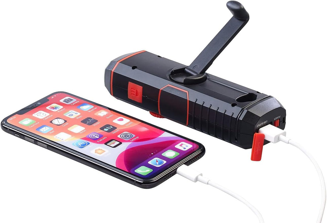 infactory Radio mit Kurbel: Dynamo-FM-Radio und Taschenlampe mit 120-dB-Sirene, USB-Ladefunktion (So