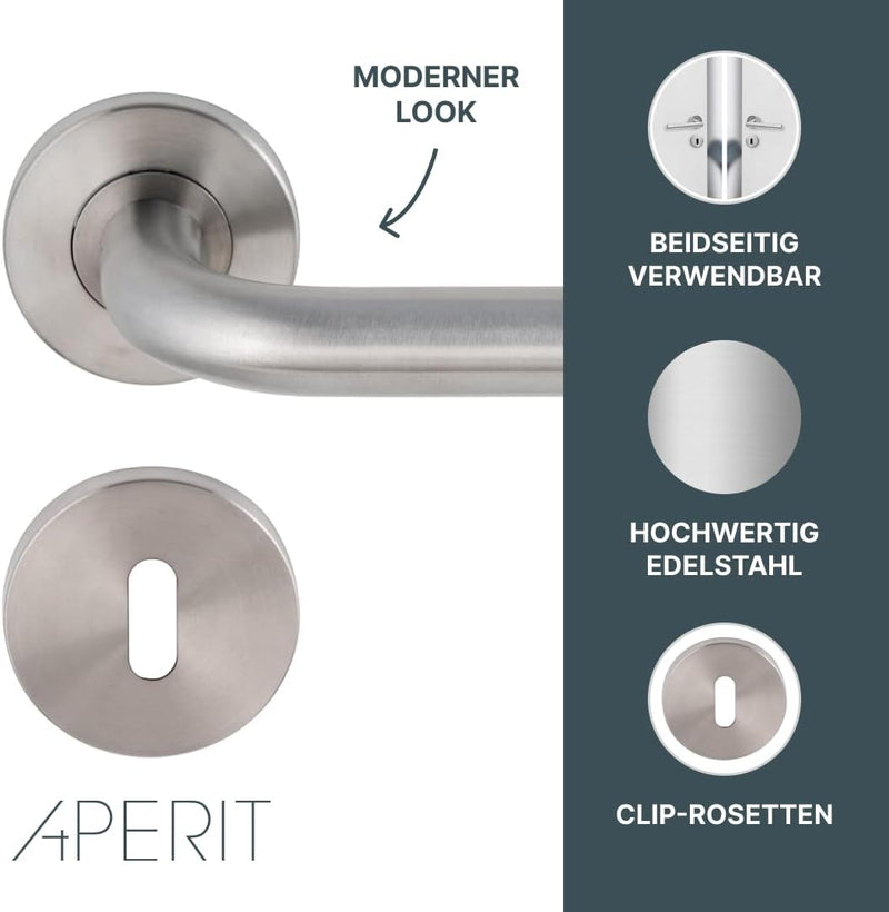 Aperit Türgriff: Edelstahl Türklinke mit Bunbart Rosetten - Drückergarnitur für Innentüren - L-Model