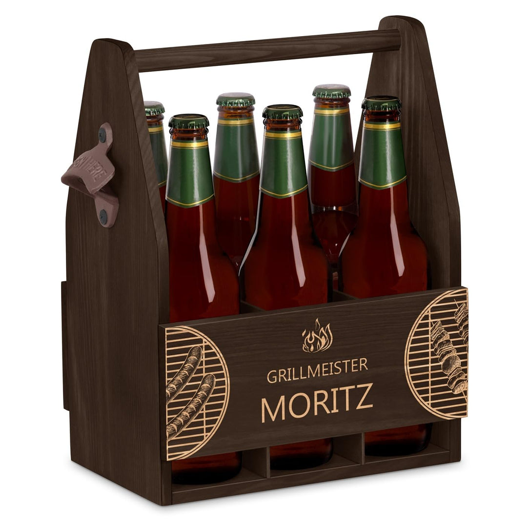 Maverton Bierträger für 6 Flaschen 0,5L + Gravur - Männerhandtasche mit Flaschenöffner - Grösse: 25x