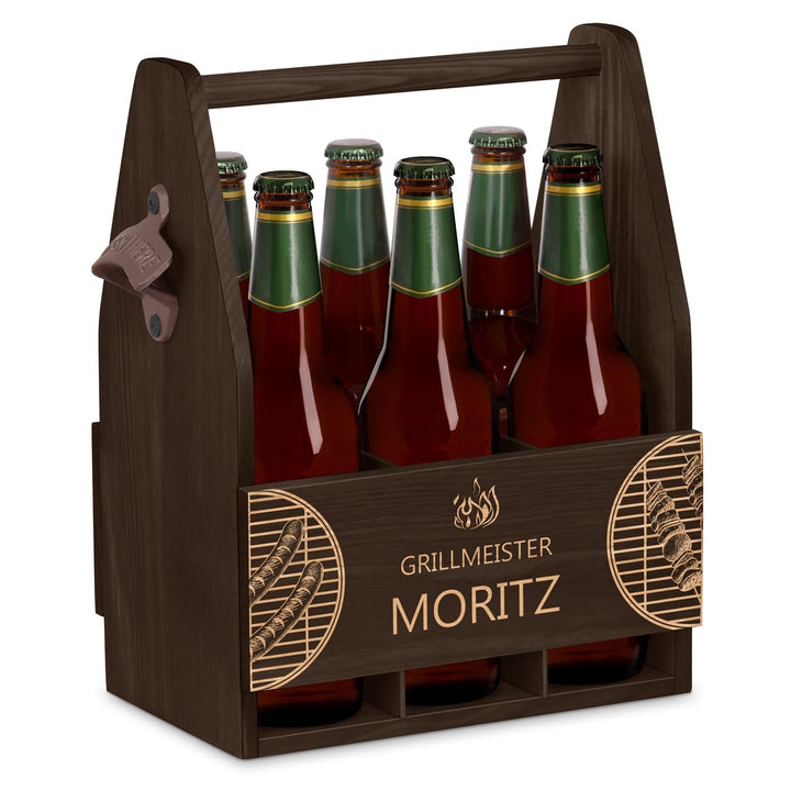 Maverton Bierträger für 6 Flaschen 0,5L + Gravur - Männerhandtasche mit Flaschenöffner - Grösse: 25x