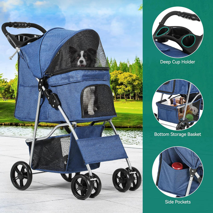 YITAHOME Hundewagen Haustiere Buggy bis 15kg, Hundebuggy mit Netzfenstern & Getränkehalter & Ablagek