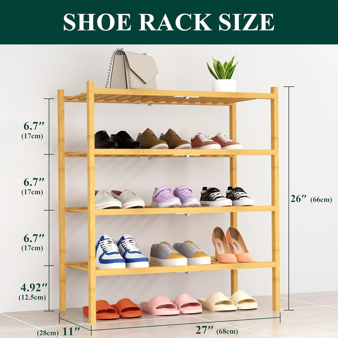 smiry Schuhregal mit 4 Ebenen, Platzsparende Schuhablage, Stapelbar Schuhorganizer, Bambus Regal für
