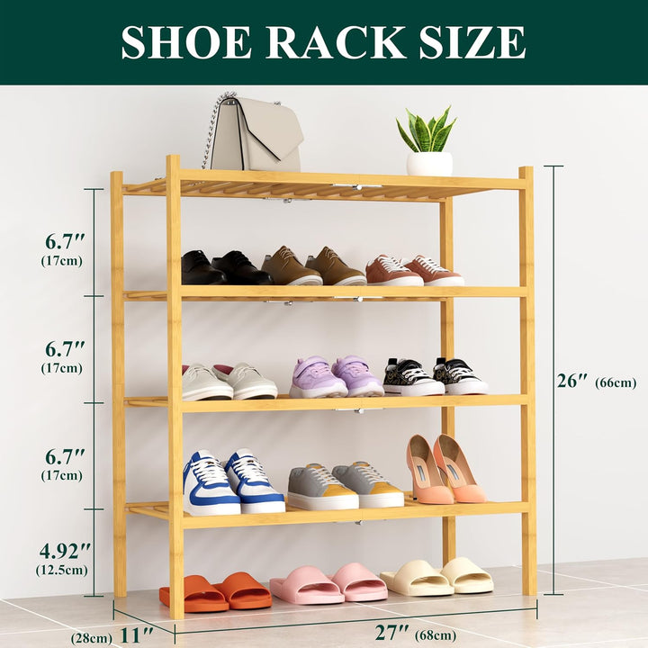smiry Schuhregal mit 4 Ebenen, Platzsparende Schuhablage, Stapelbar Schuhorganizer, Bambus Regal für