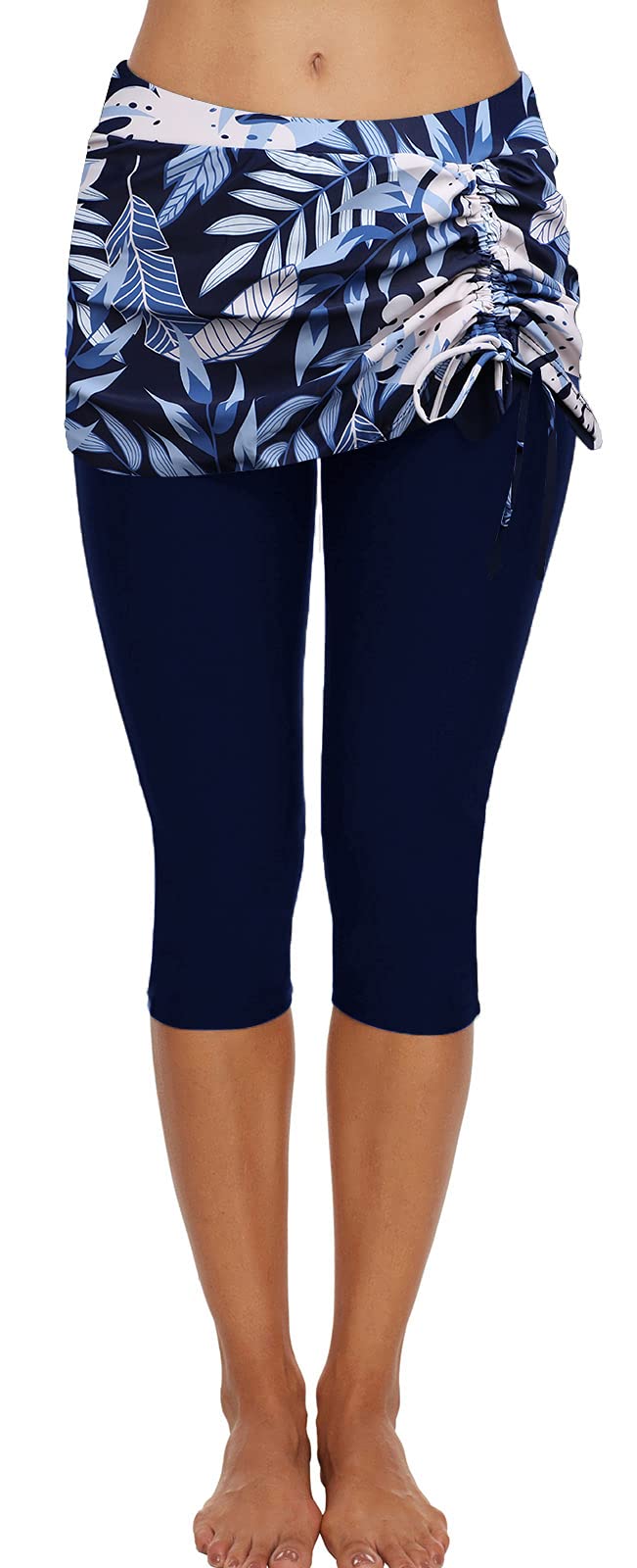 Ecupper Badehose Damen Lang Schwimmhose Capri Badeleggings Mit Rock Schwimm S Dunkelblau, S Dunkelbl
