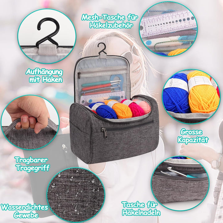 Coopay 73 Stück Häkelset für Anfänger, Tragbar Häkelnadel Set mit 15 Wolle, Tasche, Häkelzubehör, 2,