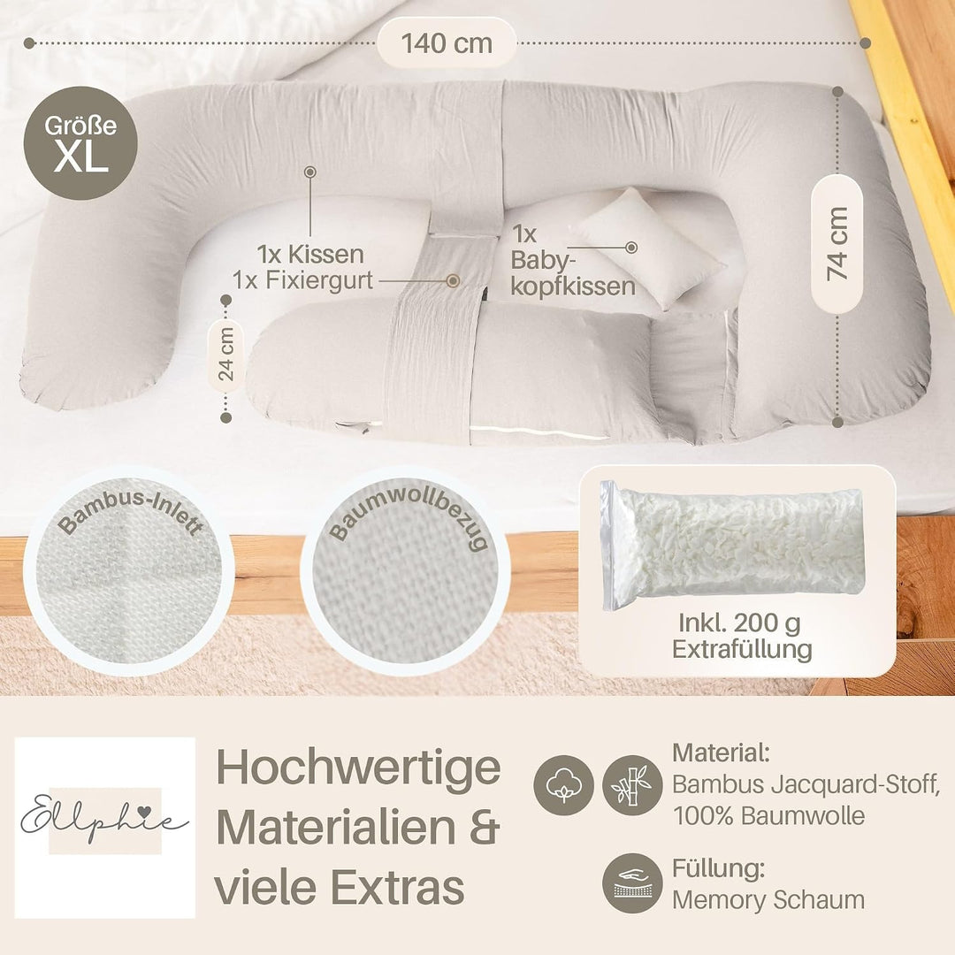 Seitenschläferkissen XL, Schwangerschaftskissen, Stillkissen, Memory Foam Füllung, Kissenbezug 100%