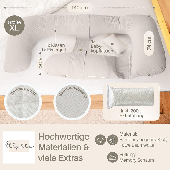 Seitenschläferkissen XL, Schwangerschaftskissen, Stillkissen, Memory Foam Füllung, Kissenbezug 100%