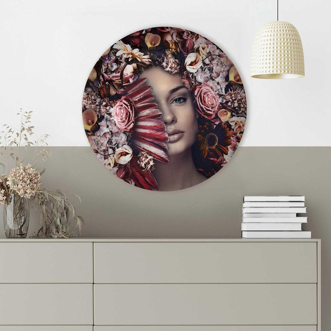 REINDERS Glasbild Flügel Frau - Blumen - Romantisch - Round Art Glas 50 x 50 cm Rosa Wohnzimmer Mens