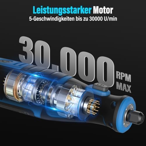 Multifunktionswerkzeug Akku, 8V 2.0Ah Rotationswerkzeug mit LED-Licht, 5-Gang 30000 U/min Max, 135 M