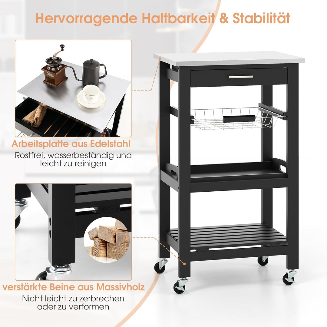 COSTWAY Kleiner Küchenwagen, Servierwagen auf Rollen, Küchenregal mit Arbeitsplatte aus Edelstahl, S