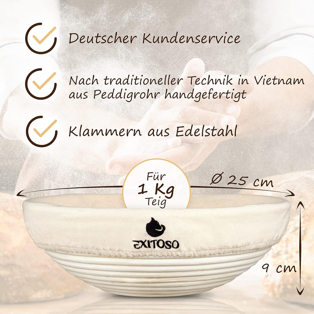 Exitoso Gärkörbchen rund 1kg aus Peddigrohr Ø25cm - Beige inkl. (E-Book Rezept, Leinentuch) - Brot b