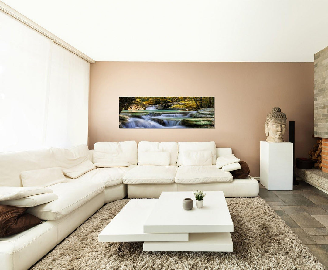 Paul Sinus Art Panoramabild auf Leinwand und Keilrahmen 150x50cm Thailand Erawan Wasserfall Moos Ste