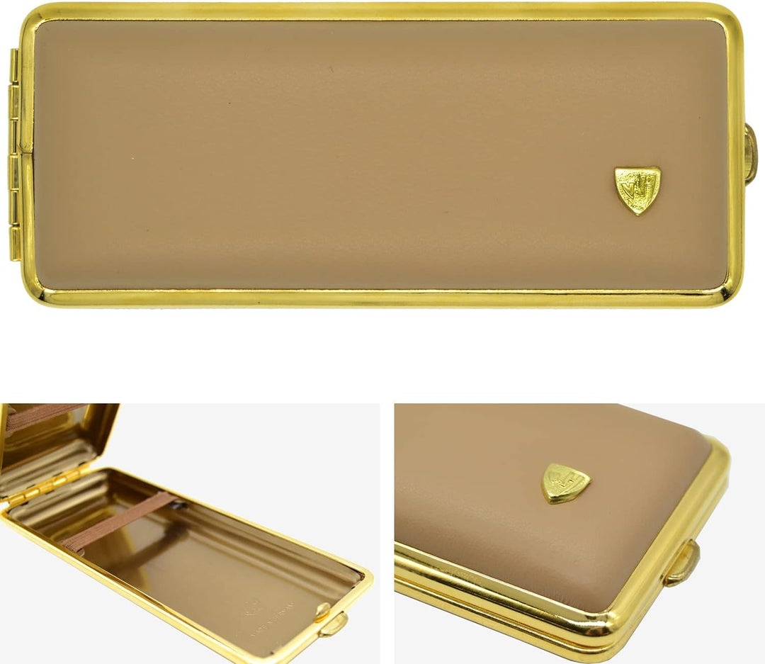 Zigarettenetui Echtleder Slim, Leder Beige, Rahmen schwarz, für 10 Zigaretten, Handmade in Germany,