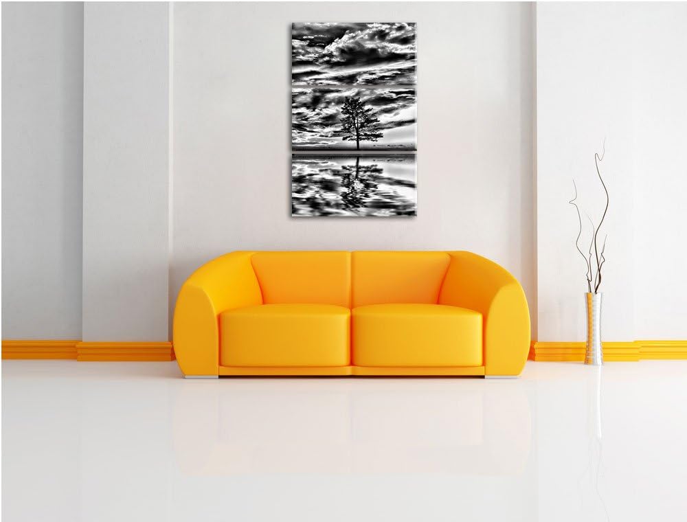 Pixxprint Monocrome, Insel im Meer Baum Sonnenaufgang Steine 3-Teiler Leinwandbild 120x80 Bild auf L